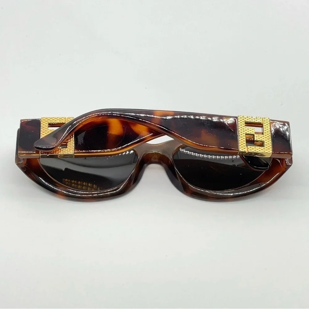 Auth Fendi Gold Logo Brown Print Sunglasses